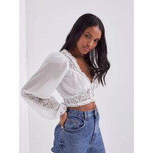 For Love & Lemons Freya White Lace Sheer Long Sleeve Top Blouse